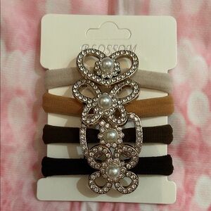 Pearl and Rhinestone Hair Tie Set - Gold, Brown, Black, Tan
